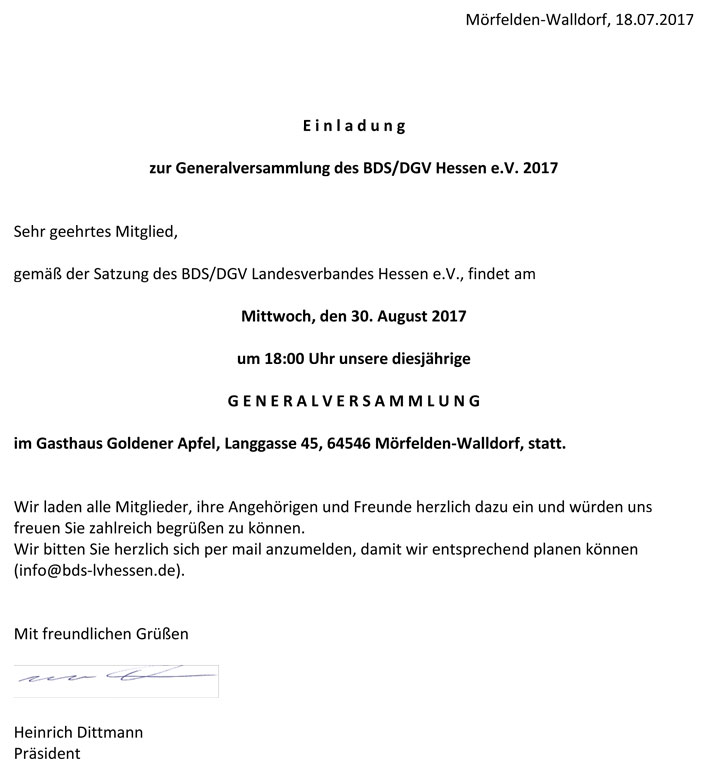 Einladung zur Genalversammlung des BDS/DGV Hessen e.V. 2017